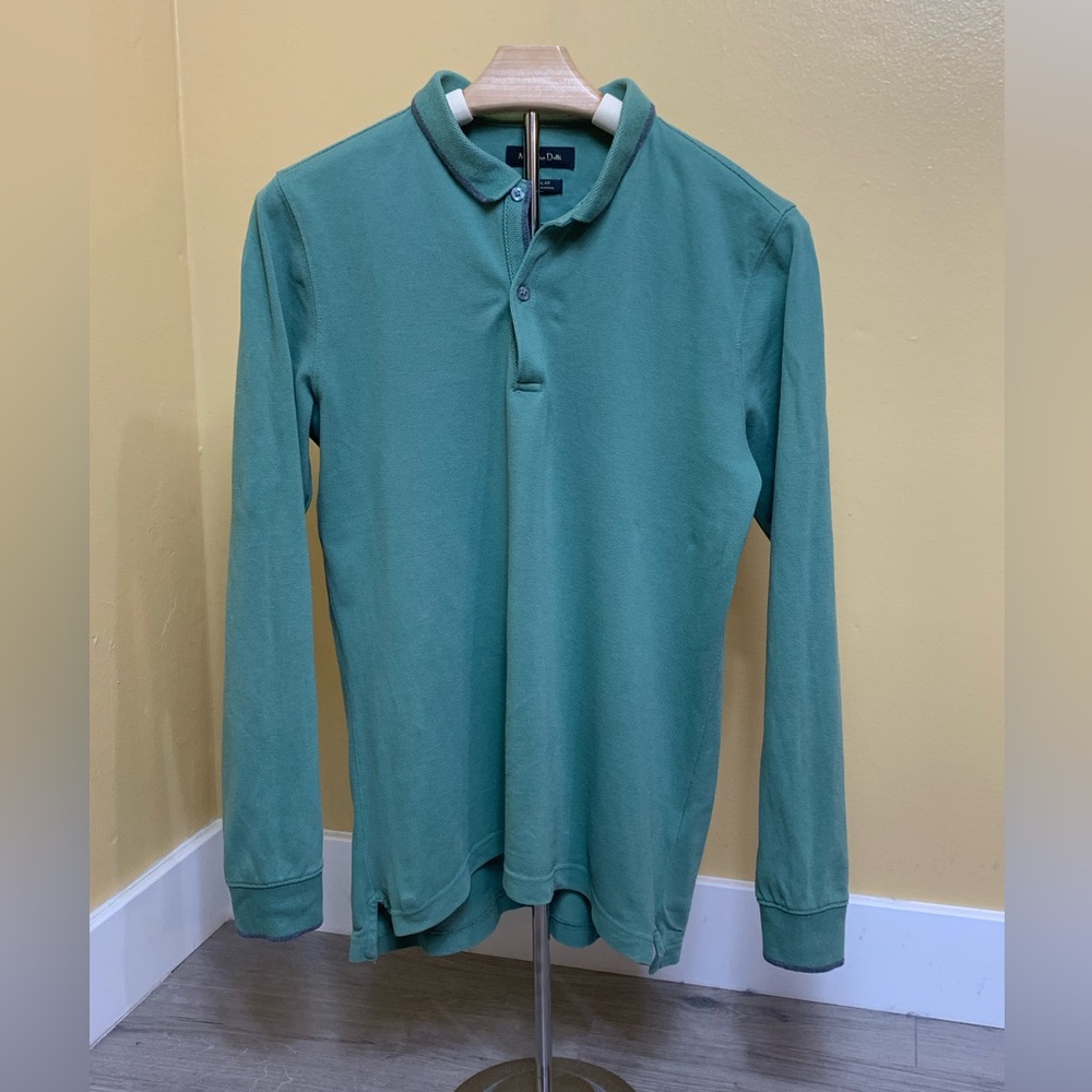 Massimo Dutti M Green Long Sleeve Polo Shirt 100% Cotton